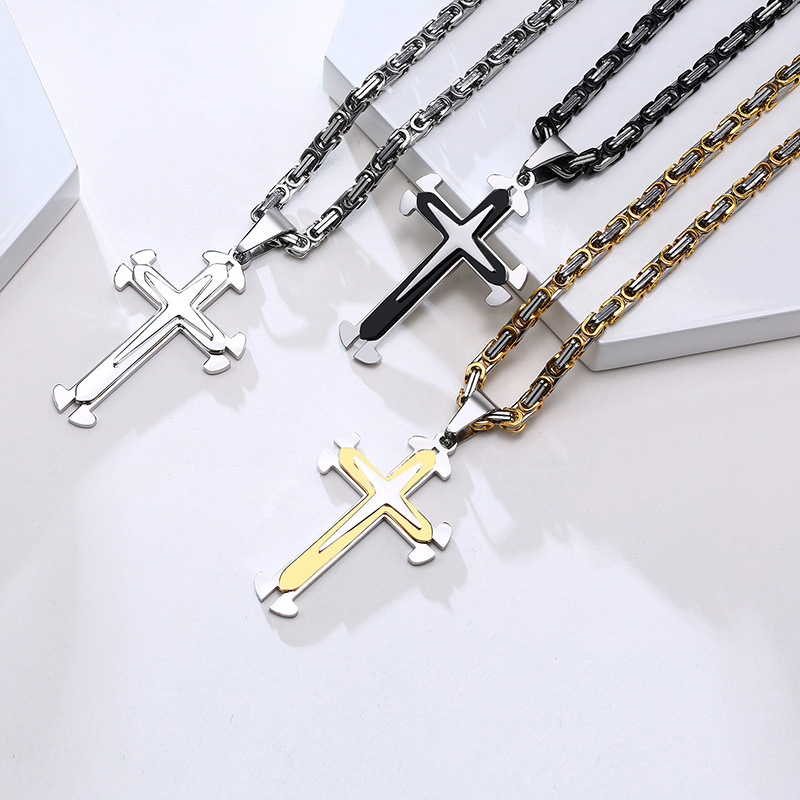 Stainless Steel Cross Byzantine Chain Pendant Necklace