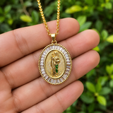 Oval Baguette Cubic Zirconia Saint Jude Medal Necklace, Gold Plated Brass St. Jude Pendant Religious Jewelry