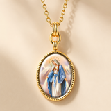 3D Enamel Our Lady of Grace Oval Necklace, Double Sided Tree of Life Stainless Steel Pendant
