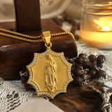 Gold Octagonal Star CZ Our Lady of Guadalupe Necklace, 3D Embossed Radiant Titanium Steel Religious Pendant Box Chain for Men
