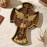 Hand-Carved Beechwood Archangel Michael Wall Cross – Quis Ut Deus Christian Home Decor