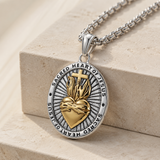 Two Tone Gold Silver Sacred Heart of Jesus Oval Stainless Steel Necklace