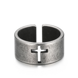 Vintage Antiqued Open-Band Cross Cutout Stainless Steel Ring