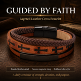 Multi‑Layer Braided Cross Printed Men Leather Bracelet, Vintage PU Leather Magnetic Clasp Religious Wrist Jewelry