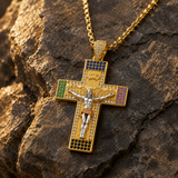 Multicolor Zircon Jesus Crucifix Gold‑Tone Stainless Steel Necklace