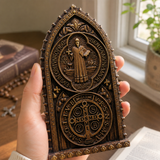 Hand-Carved Beechwood St. Benedict Medal Desktop Ornament