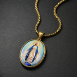 3D Raised Enamel Miraculous Virgin Mary Oval Gold Stainless Steel Necklace
