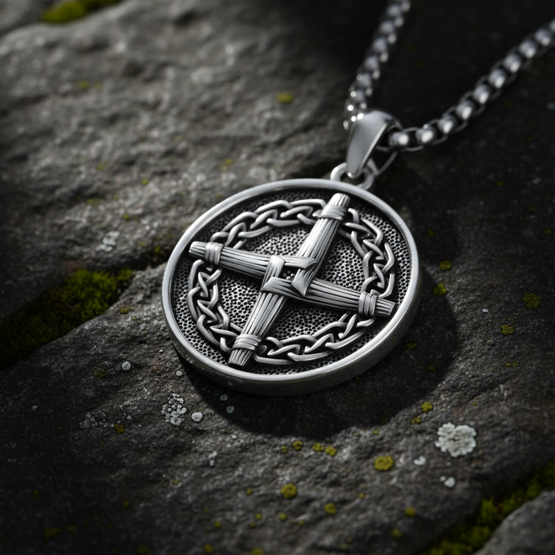 Celtic cross pendant on ancient stone with moss