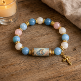 Chalcedony Cross Beaded Bracelet, Vintage Religious Printed Tube Bead Faith Jewelry for Women
