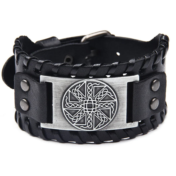 Viking Bracelet Adjustable Bangle - Mens Leather Bracelet Handmade with Nordic Amulet - Celtic Pagan Jewelry of Talisman (Kolovrat Silver) - BGCOPPER