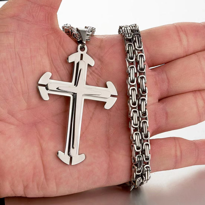 Stainless Steel Cross Byzantine Chain Pendant Necklace