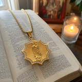 Gold Octagonal Star CZ Our Lady of Guadalupe Necklace, 3D Embossed Radiant Titanium Steel Religious Pendant Box Chain for Men