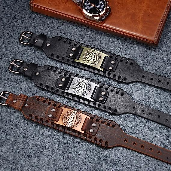 Black Wide Leather Bracelet Men's Bracelet Braided Genuine Leather Bangle Wristbands Viking Totem Odin Pattern Vintage Cuff