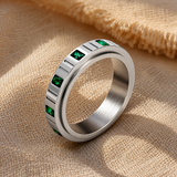 6mm Grooved Square Green CZ Rotatable Spinner Stainless Steel Ring