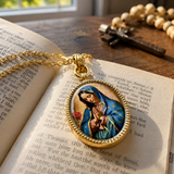 Our Lady of Guadalupe Gold-Tone Oval Pendant Necklace – Double-Sided Virgin Mary Christian Jewelry