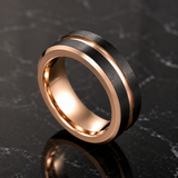 Two-Tone Brushed Titanium Steel Ring, Rose Gold & Black Grooved Wedding Band, 8mm Comfort Fit Mens Promise Ring