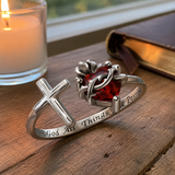 Sacred Heart of Jesus Thorn Flame Cross Adjustable Open Ring