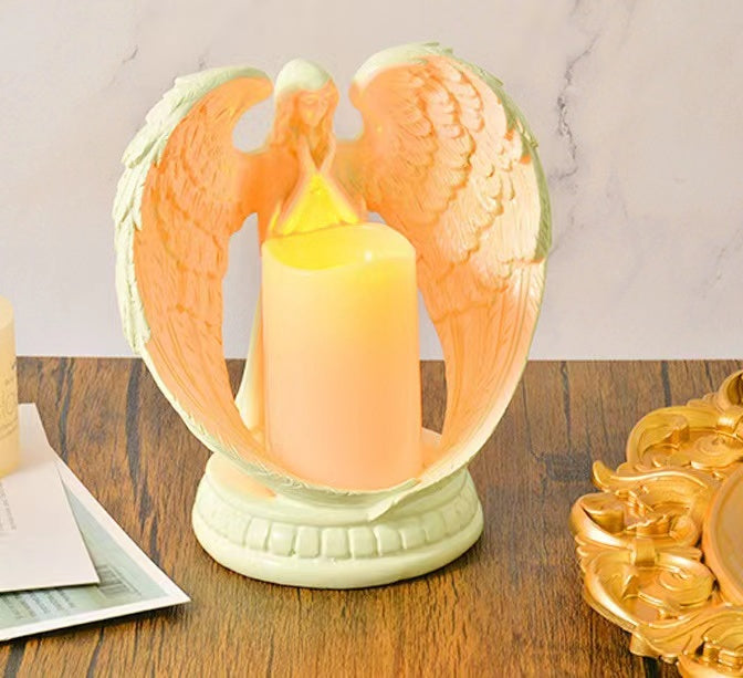 Angel Candle Holder with LED Candle, Battery-Powered, Angel Memorial Gifts, Angel Wing Praying Statue for Home Decoration