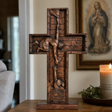 Christ Still Reaches Down – Hand-Carved Beechwood Savior Cross - faith-inspired design detail