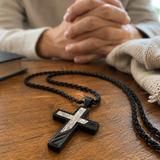 Industrial Brushed Cracked Copper Inlay Stainless Steel Cross Necklace