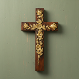 Hand-Carved Rose Cross Wall Art ✝️🌹 | Solid Beechwood Christian Decor with Golden Flowers
