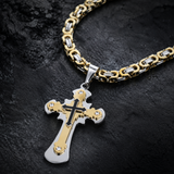 Heavy‑Duty Gothic CZ Inlay Cross Byzantine Chain Pendant Necklace