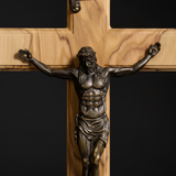 【Holy City Wood】Handcrafted Olive Wood Cross with Bronze Christ Statue A Devotional Companion for Prayer A Collectible Gift of Distinction