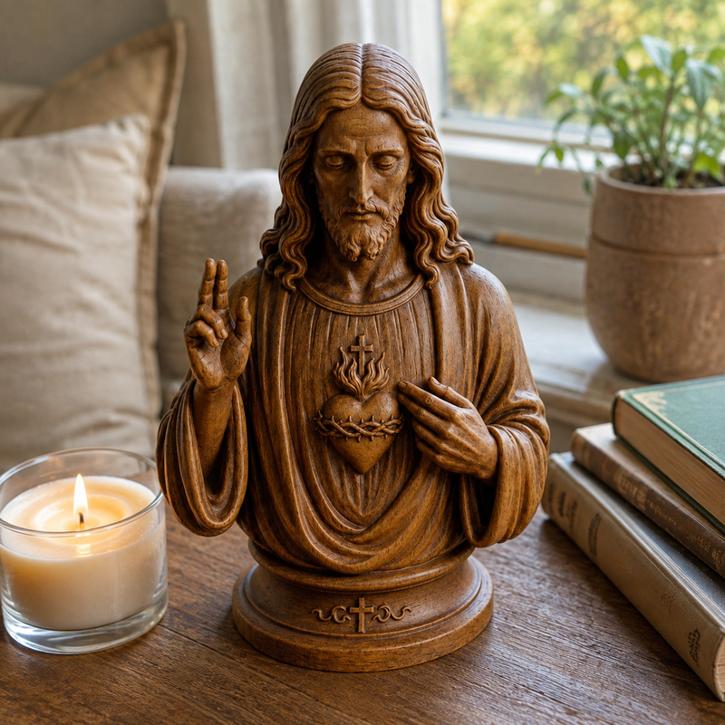 Natural cypress wood Sacred Heart of Jesus statue craftsmanship