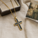 Two-Tone Bevel Edge Carbon Fiber Textured Inlaid Tiny Cross Stainless Steel Necklace
