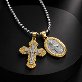 Gold-Tone Copper Zircon Cross & Miraculous Medal Double Pendant Necklace – Christian Faith Jewelry