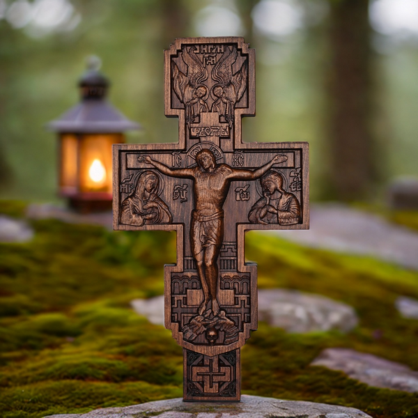 Eastern Orthodox Crucifixion Cross Wall Decor - Faith & Redemption Theme Wooden Carved Wall Hanging