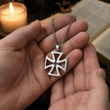 Men's Hollow Maltese Cross Stainless Steel Necklace, Vintage Knight Pendant Box Chain For Men