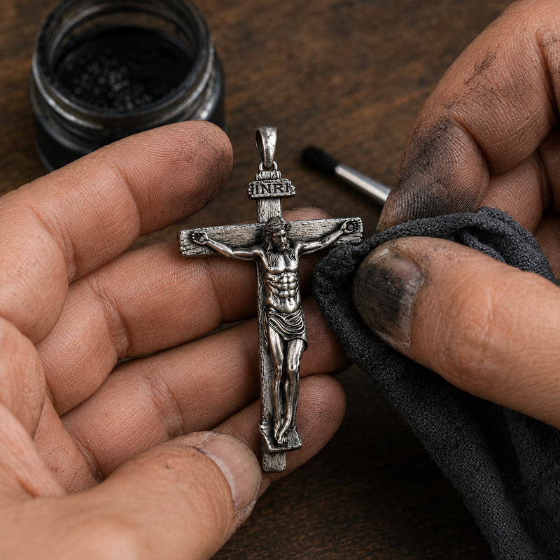 Artisan darkening and wiping crucifix pendant to reveal antique detail