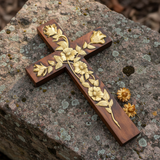 Hand-Carved Rose Cross Wall Art ✝️🌹 | Solid Beechwood Christian Decor with Golden Flowers