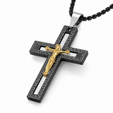 Vintage Greek Key Border Two Tone 3D Crucifix Stainless Steel Necklace