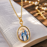 3D Enamel Our Lady of Grace Oval Necklace, Double Sided Tree of Life Stainless Steel Pendant