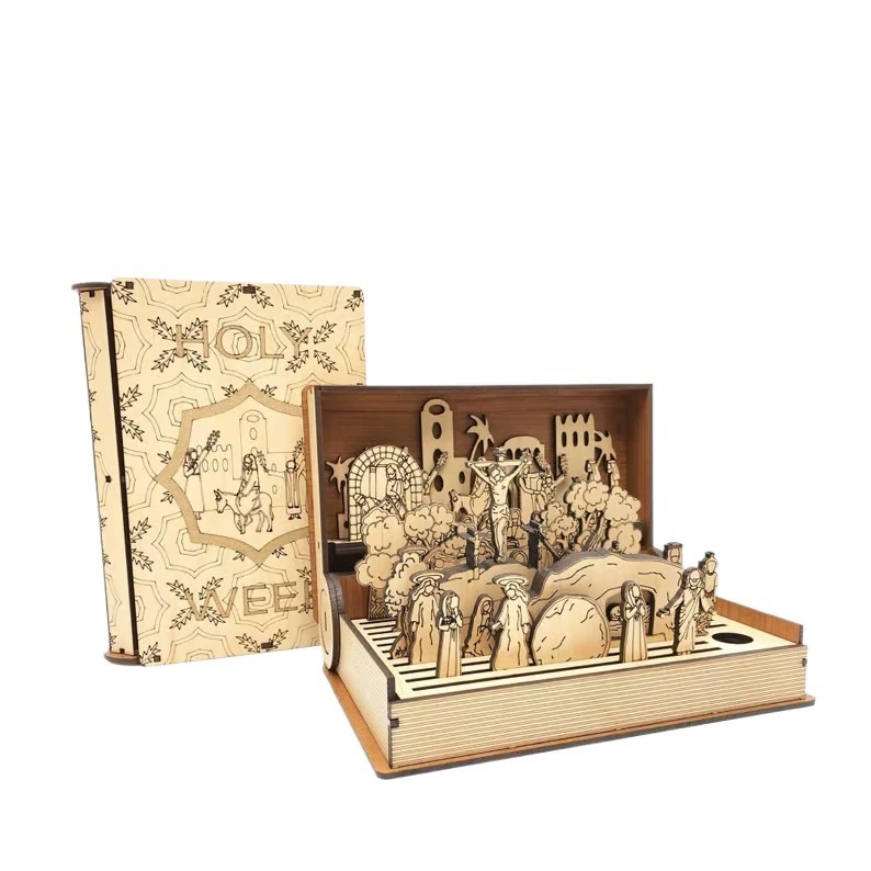 Crucifixion Scene Easter Wooden Book Gift