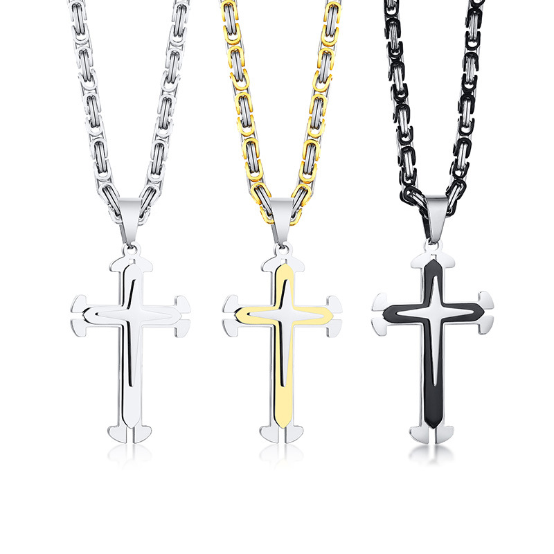 Stainless Steel Cross Byzantine Chain Pendant Necklace