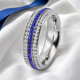 Three Row Blue & White Cubic Zirconia Eternity Ring, 6mm Titanium Steel Full Paved Stackable Band, Elegant Wedding Promise Ring for Women