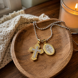 Gold-Tone Copper Zircon Cross & Miraculous Medal Double Pendant Necklace – Christian Faith Jewelry