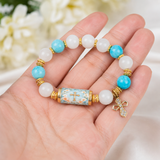 Chalcedony Cross Beaded Bracelet, Vintage Religious Printed Tube Bead Faith Jewelry for Women