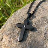 Faceted Eight Point North Star CZ Inlay Stainless Steel Cross Necklace