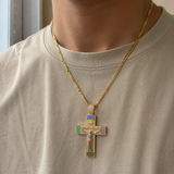 Multicolor Zircon Jesus Crucifix Gold‑Tone Stainless Steel Necklace