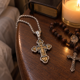 Angelic Guardian Cross Necklace – Two-Tone Sacred Relief Christian Pendant