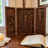 The Life of Christ Hand-Carved Beechwood Triptych – From Nativity to Resurrection Glory