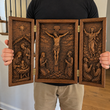 The Life of Christ Hand-Carved Beechwood Triptych – From Nativity to Resurrection Glory