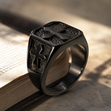 Triple Sides Embossed Cross Hammered Texture Stainless Steel Men’s Signet Ring