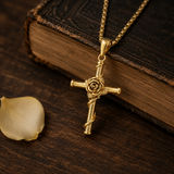 Rose Wrapped Cross Necklace, Retro Religious Pendant for Men Women