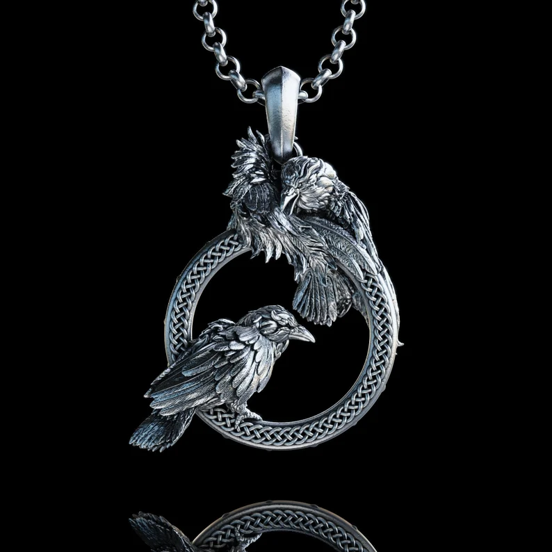 Handmade Odin Raven Huginn and Muninn Necklace, Viking Raven Pendant, Gift for Viking Mythology Lovers, Norse Mythology Raven Necklace