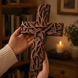 Hand-Carved Beechwood Crown of Thorns Wall Cross - design detail